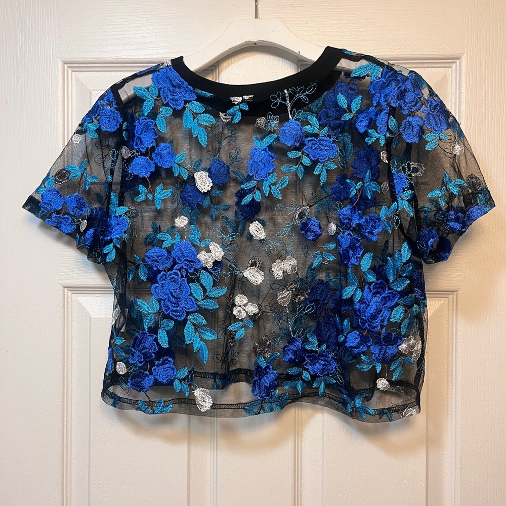 SHEIN Blue and Black Crop Blouse with Short Sleeves